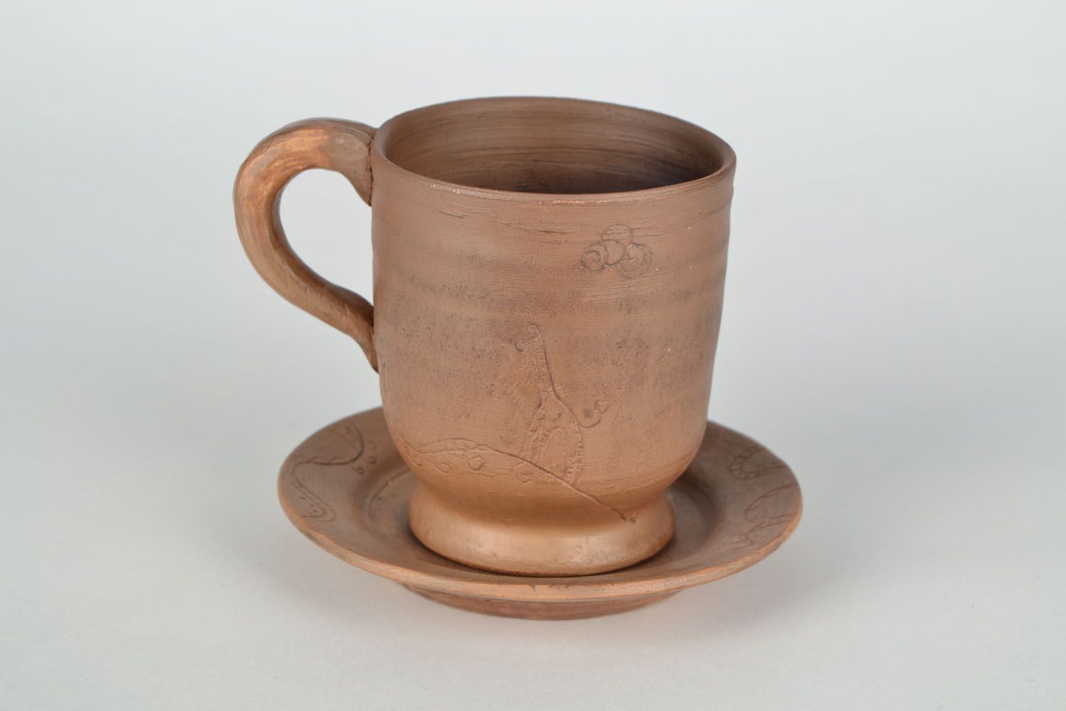 Not glazed clay cup with saucer and Giraffe pattern, 6 oz photo 2