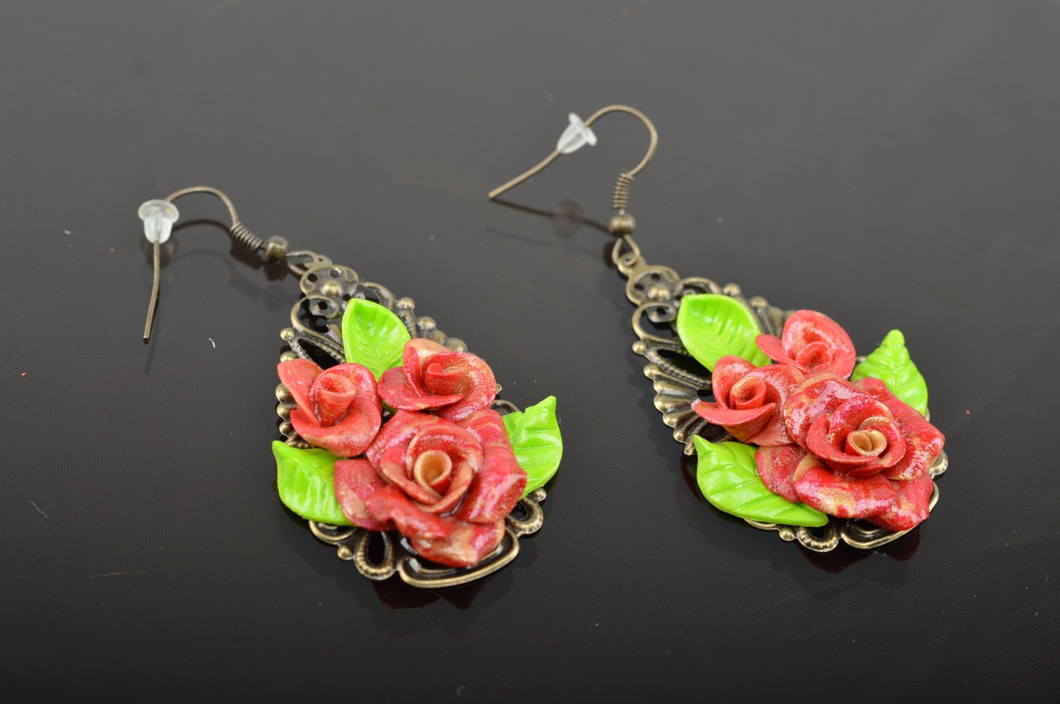 Handmade polymer clay drop earrings with charms in the shape of roses photo 4