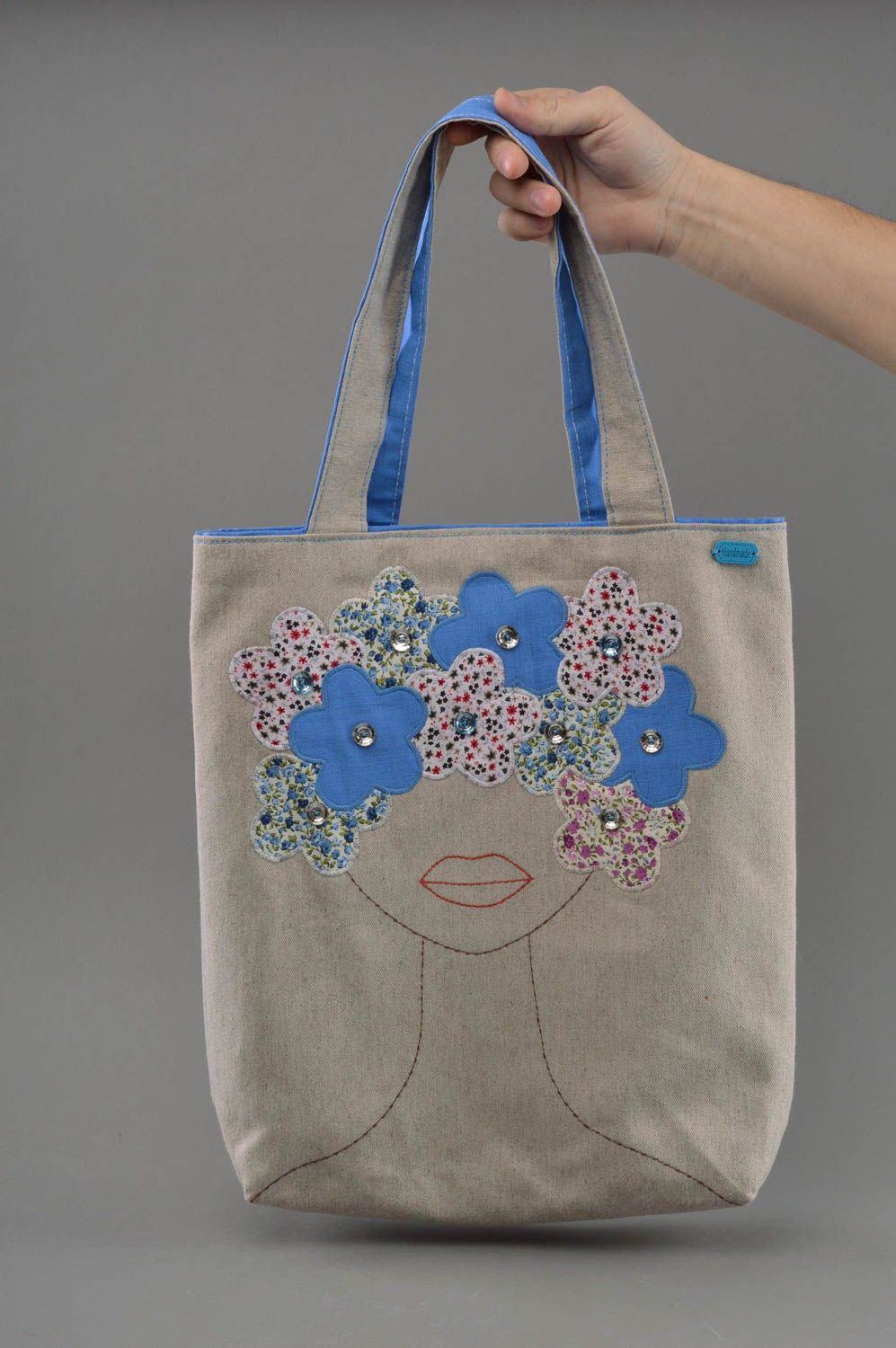 Beautiful homemade women's linen and cotton fabric bag with the image of girl photo 4