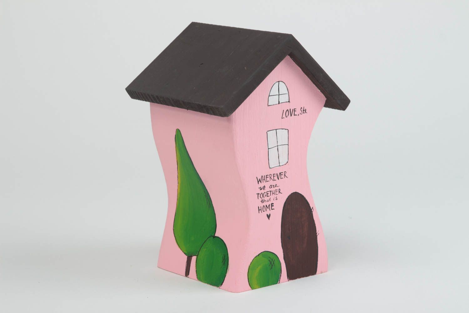 Maisonnette en bois fait main Petite statuette rose peinte Déco intérieur photo 2