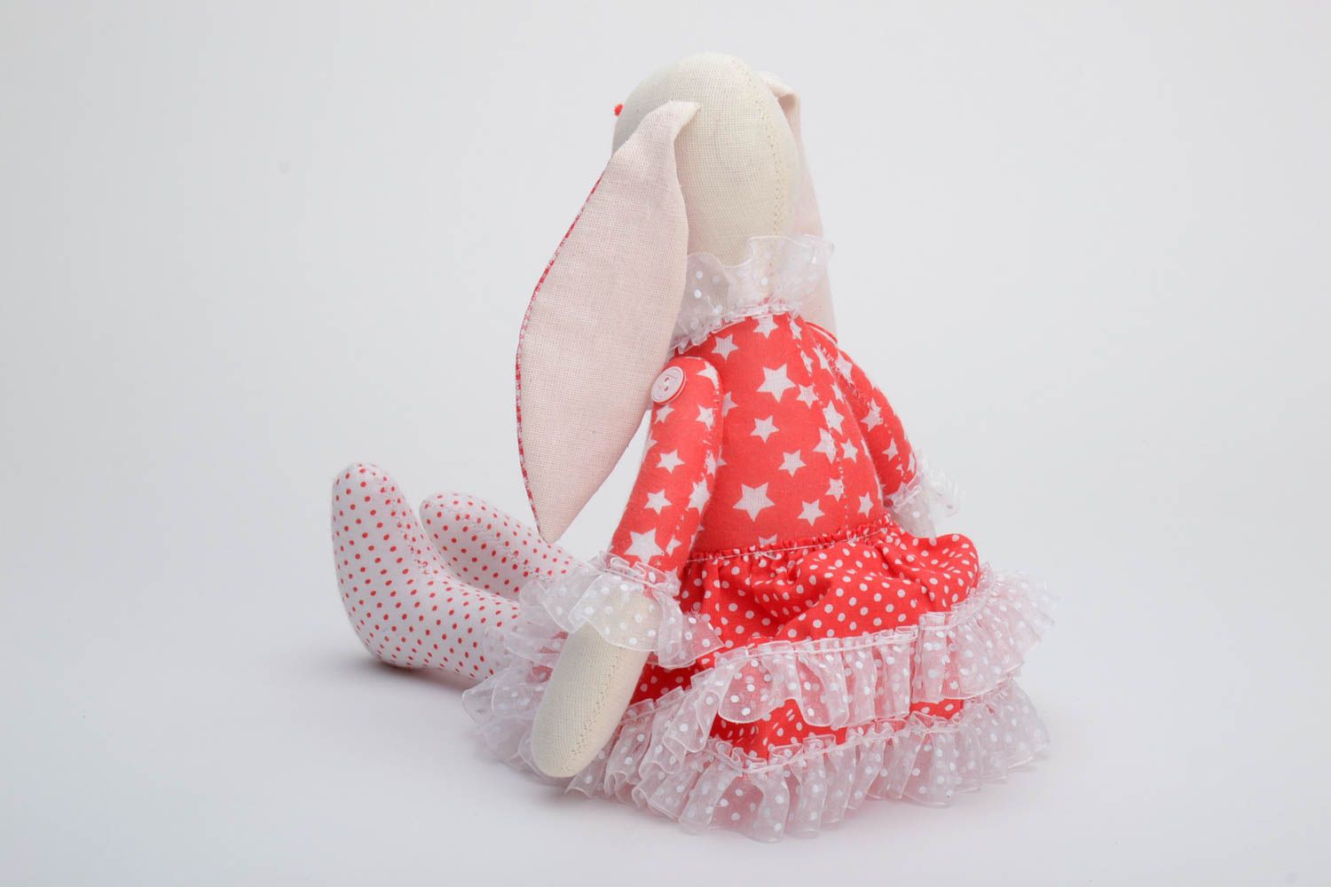 Handmade cotton fabric soft toy rabbit with checkered ears in red dress  photo 4