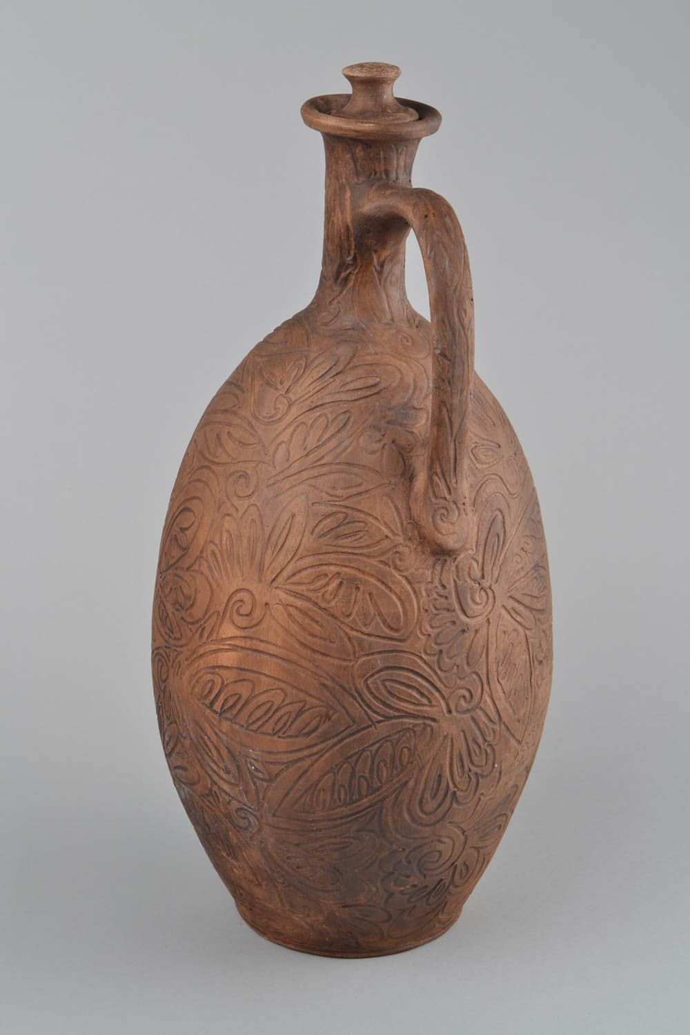 Botella de arcilla grande artesanal marrón con ornamentos original 8 l foto 3