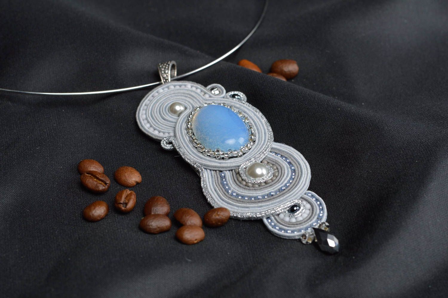 Soutache pendant with moonstone handmade accessory soutache jewelry for women photo 1