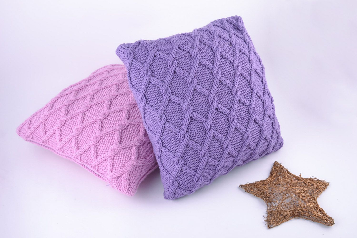Set of handmade dark and light violet semi-woolen knitted pillow cases 2 items photo 1