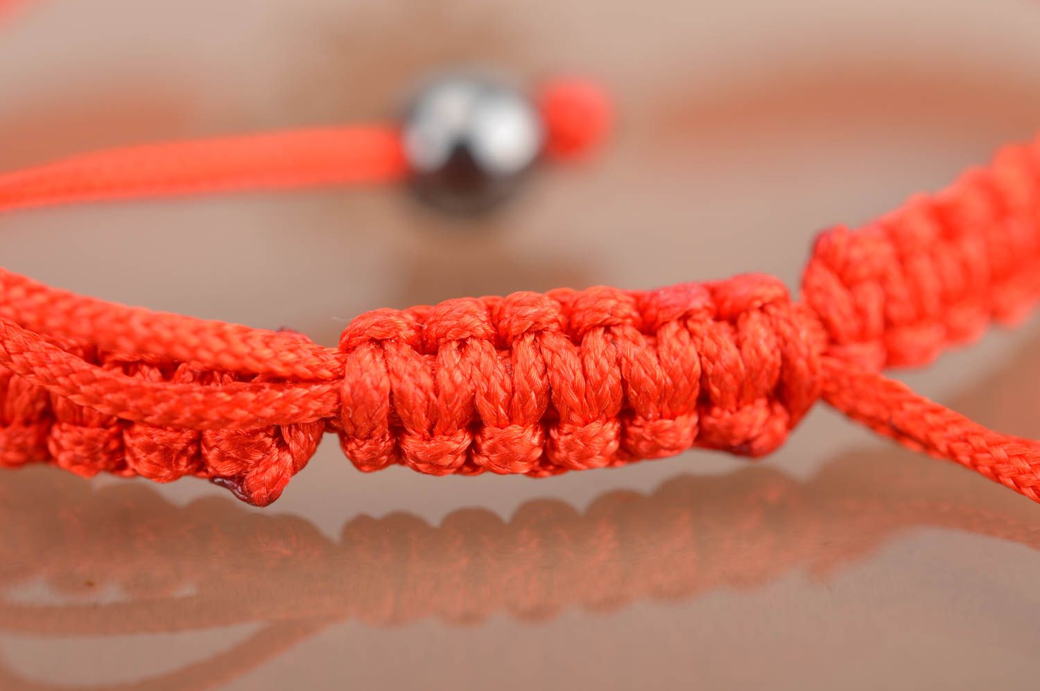 Handmade cute red bracelet made of silk threads on strings for every day photo 4