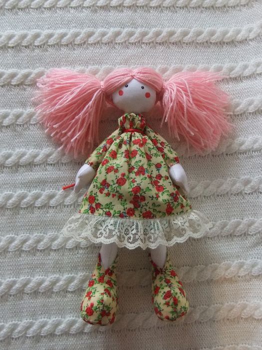 Homemade beautiful fabric designer doll with pink hair for interior decor photo 1