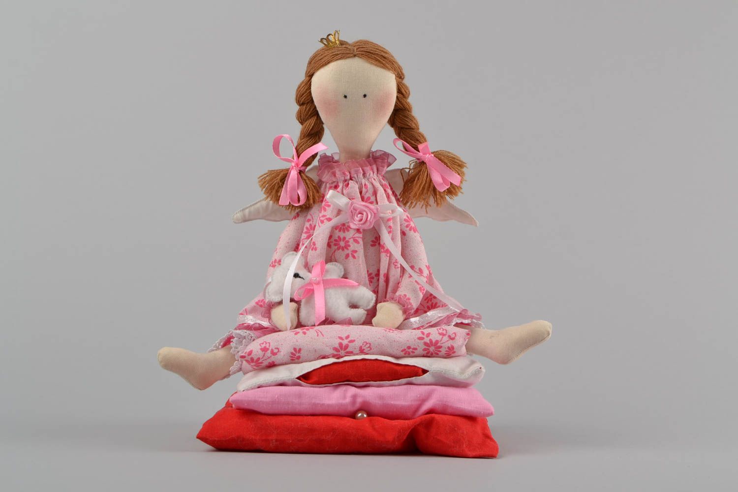 Designer fabric soft doll princess in pink sitting on pillows handmade photo 3