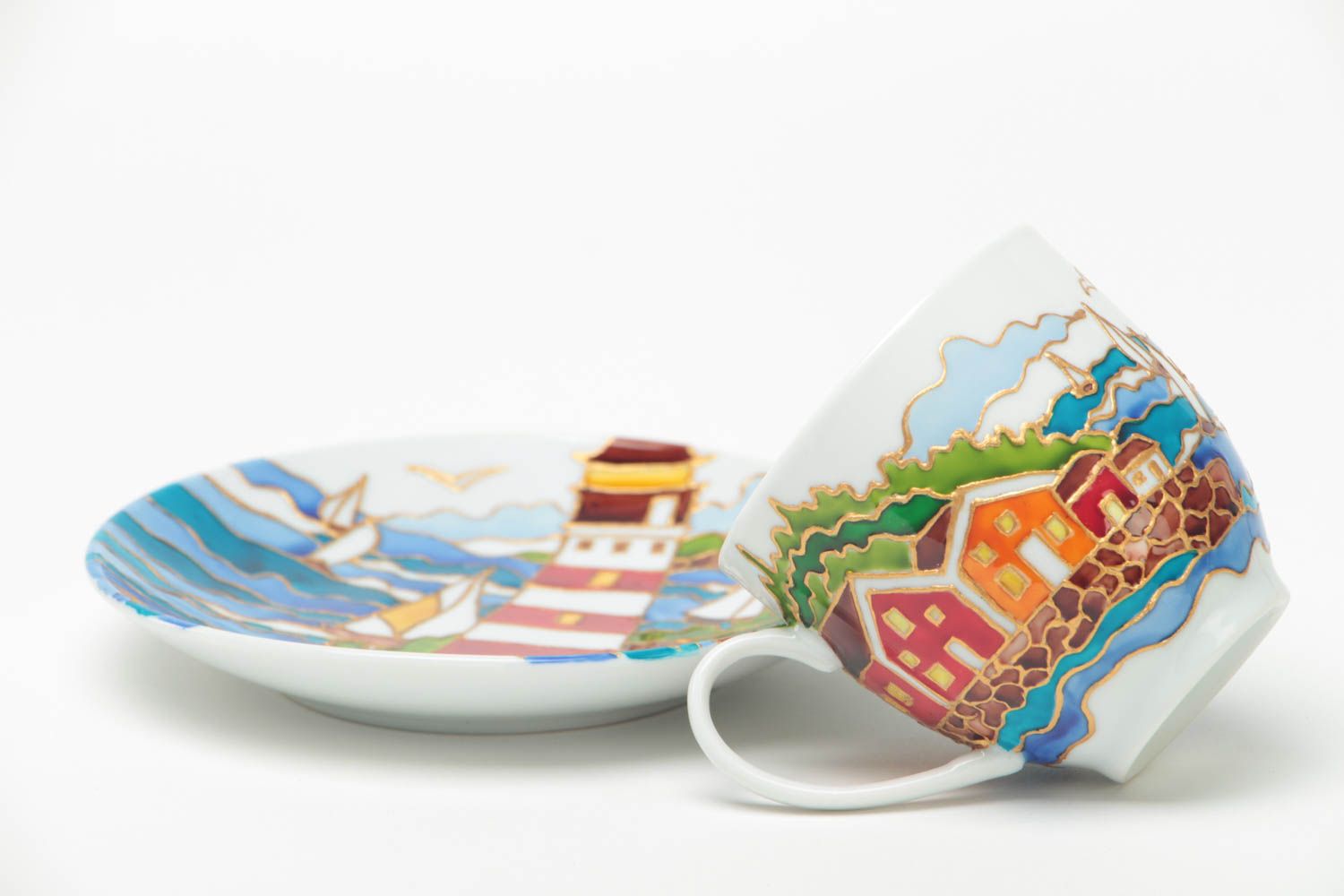 Elegant Japanese style 5 oz teacup with handle, saucer, and hand-painted marine pattern photo 4