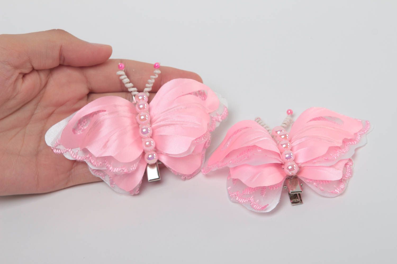 Заколки для волос в виде бабочек ручной работы набор из 2 штук розовые фото 5