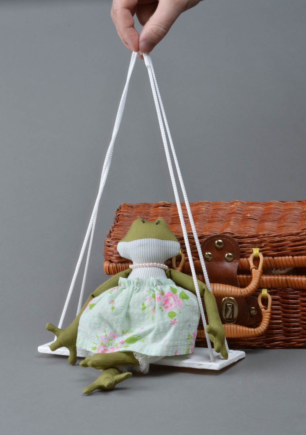Handmade cotton fabric soft toy frog in skirt with bead necklace on swing photo 4