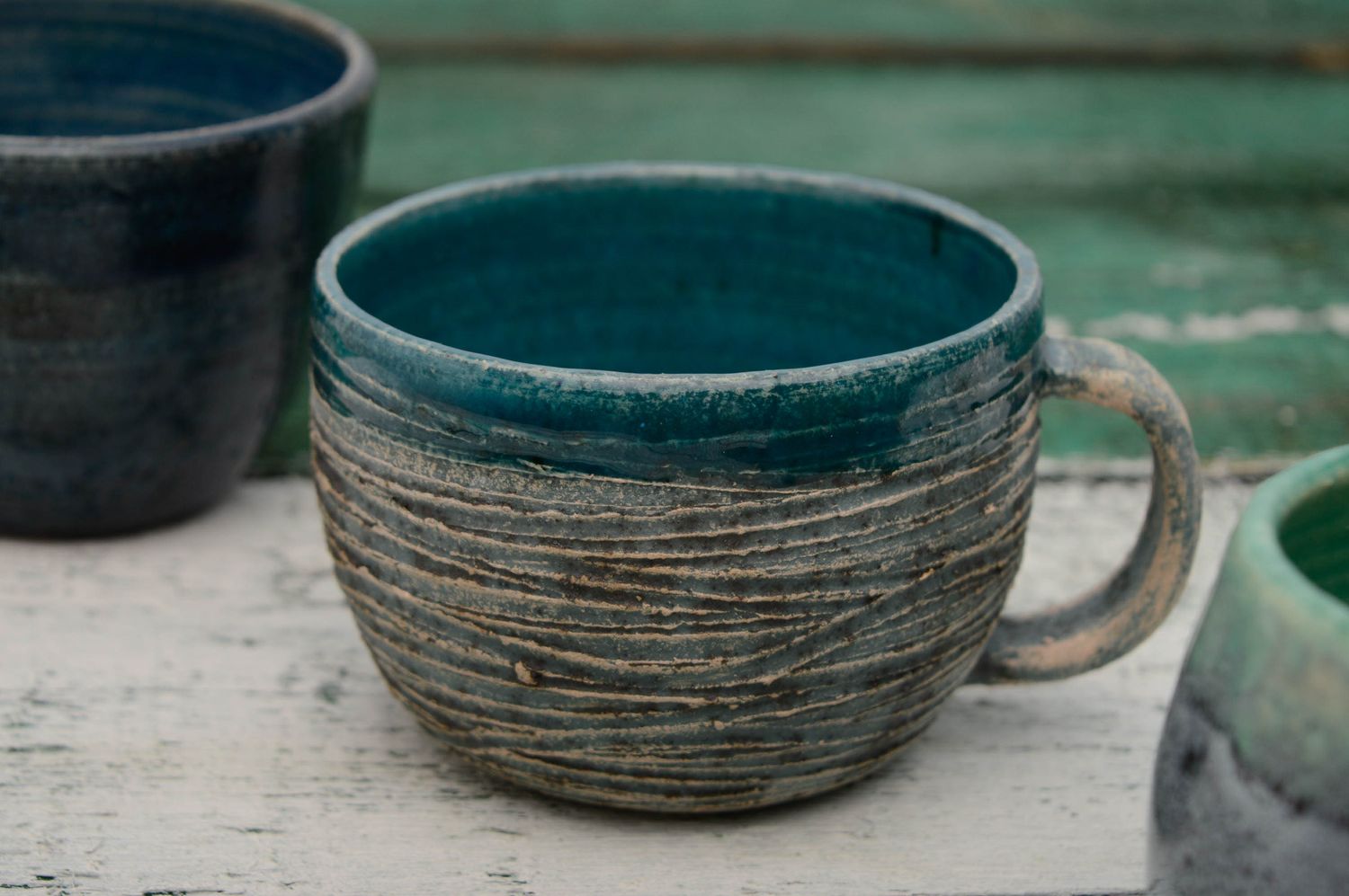 Art ceramic malachite glazed 8 oz teacup with handle photo 1
