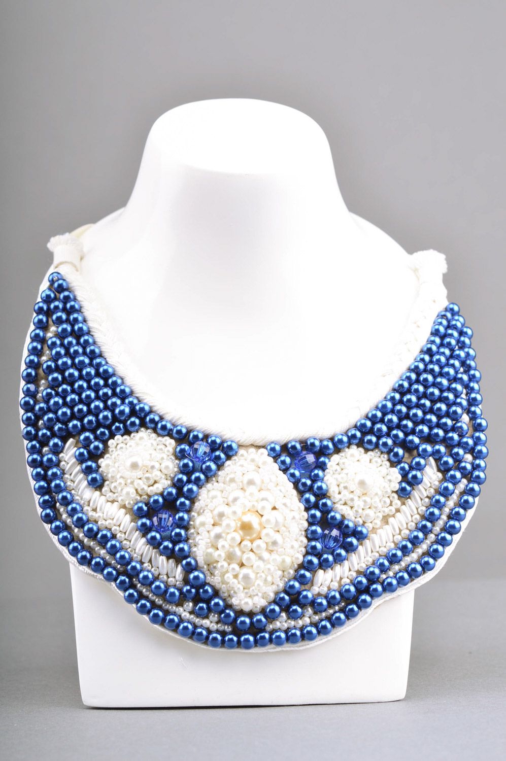 Handmade blue and white bead embroidered collar necklace with white ribbon photo 3