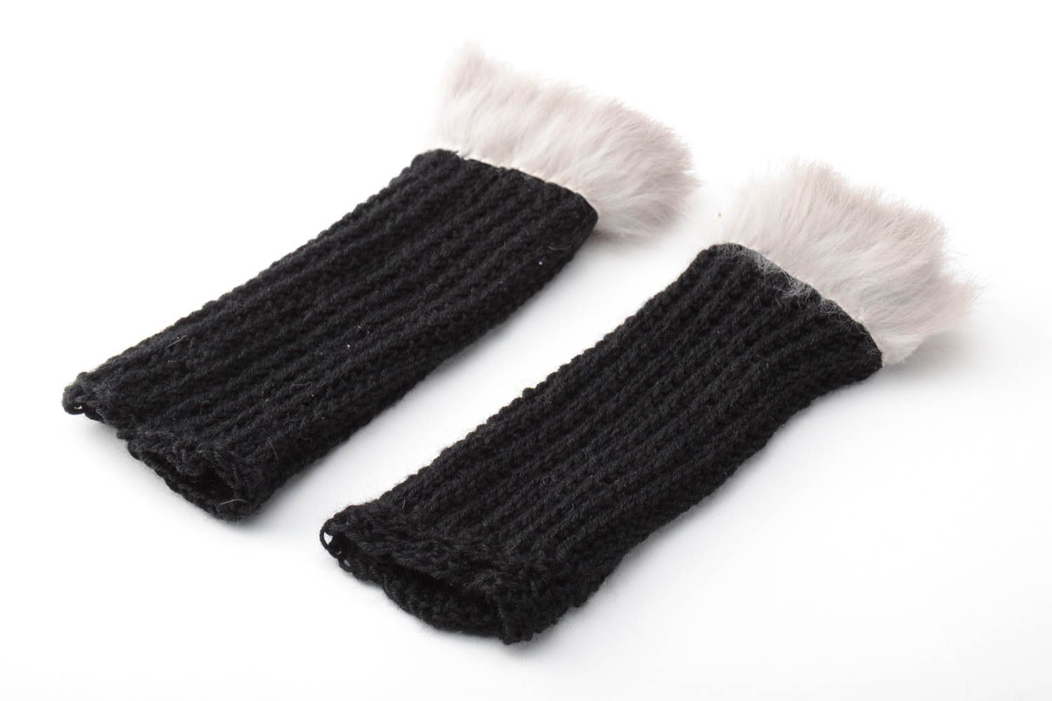 Black stylish handmade designer crochet women's mittens with rabbit fur photo 3
