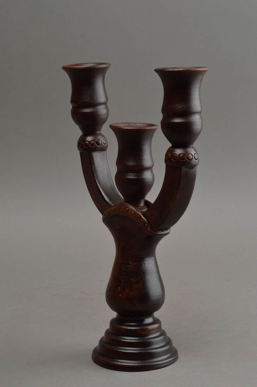 Bougeoir en céramique brun pour trois bougies original fait main écologique photo 4