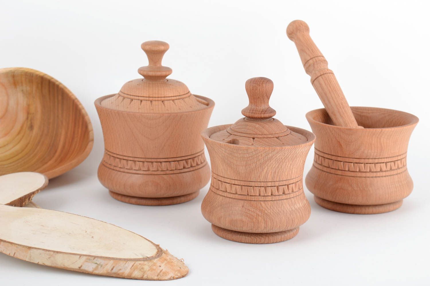 Holz Küchenutensilien Set Mörser mit Stößel und Vorratsdosen Handarbeit foto 1