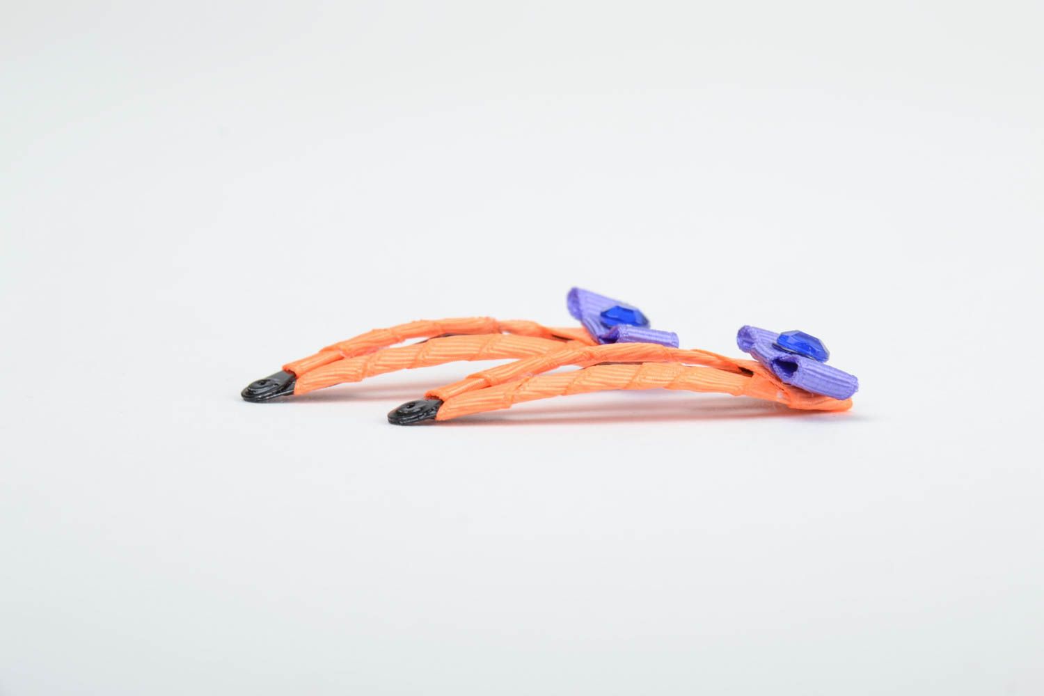 Barrettes pour cheveux en rubans avec noeuds et strass orange faites main photo 3