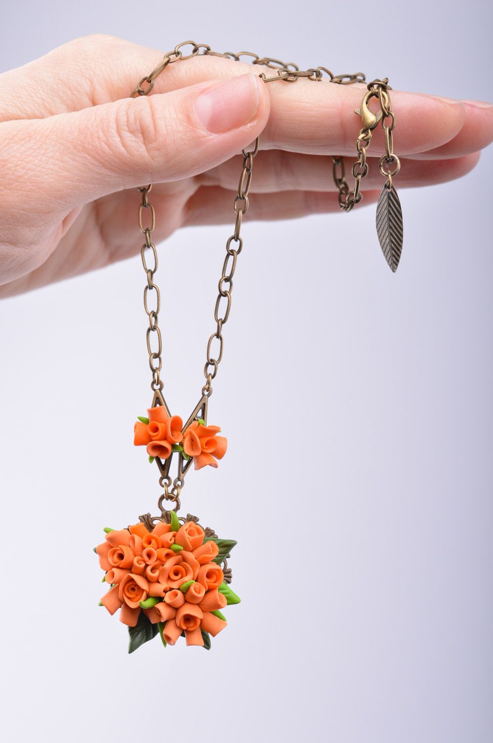 Handmade orange polymer clay flower pendant with long chain photo 5