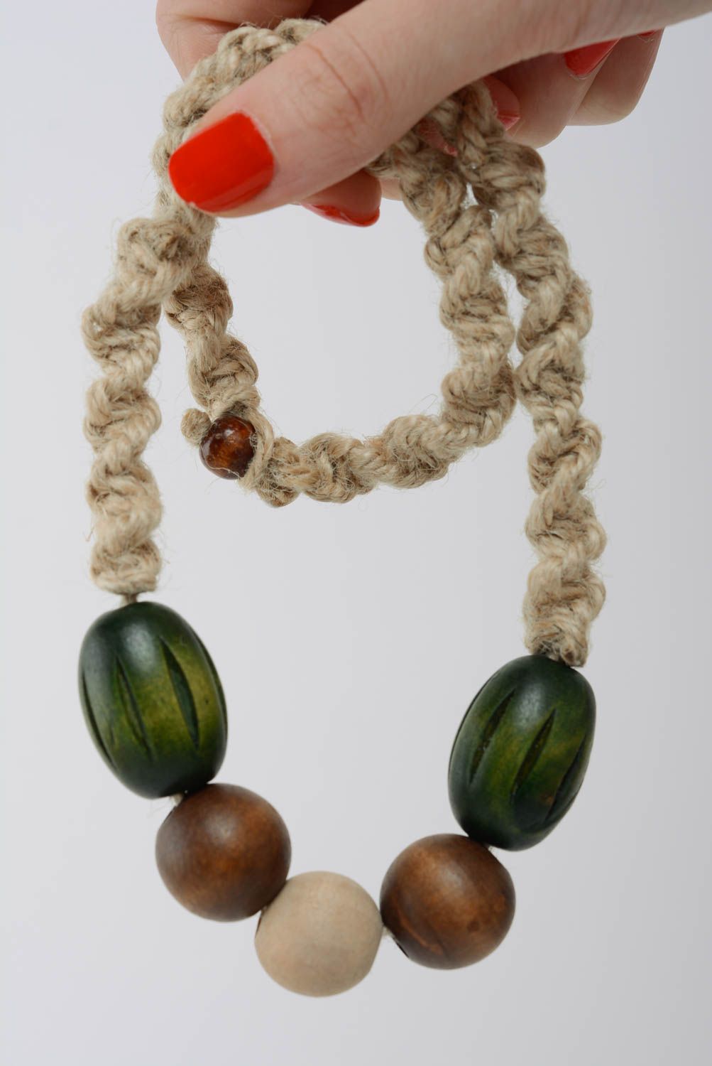 Handmade summer macrame woven necklace with brown and green wooden beads photo 3