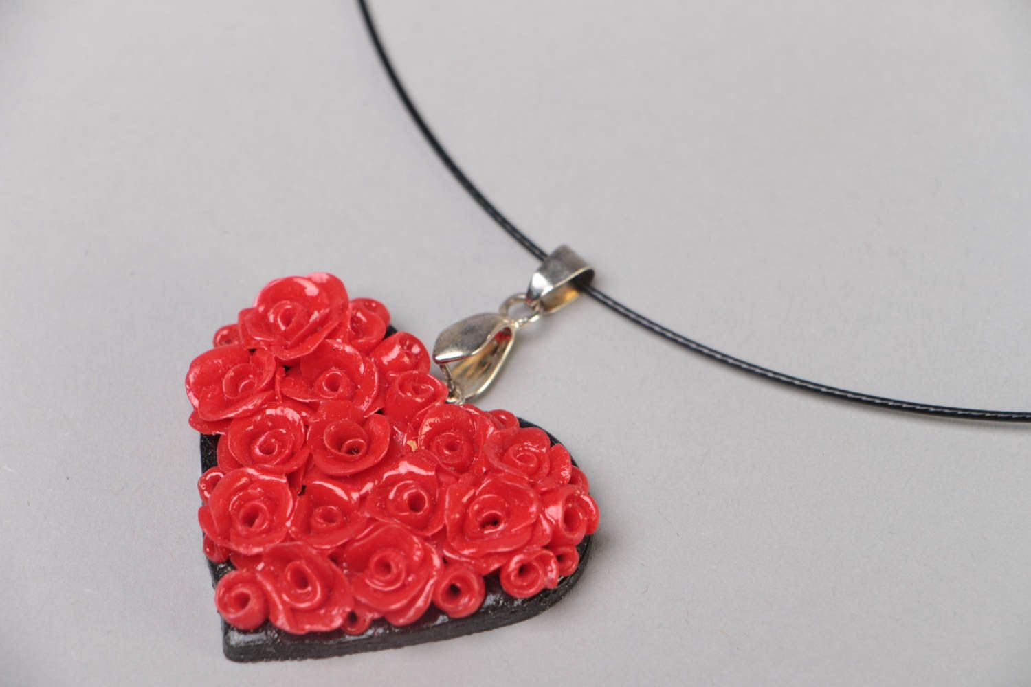 Handmade designer polymer clay heart shaped floral pendant necklace of red color photo 3