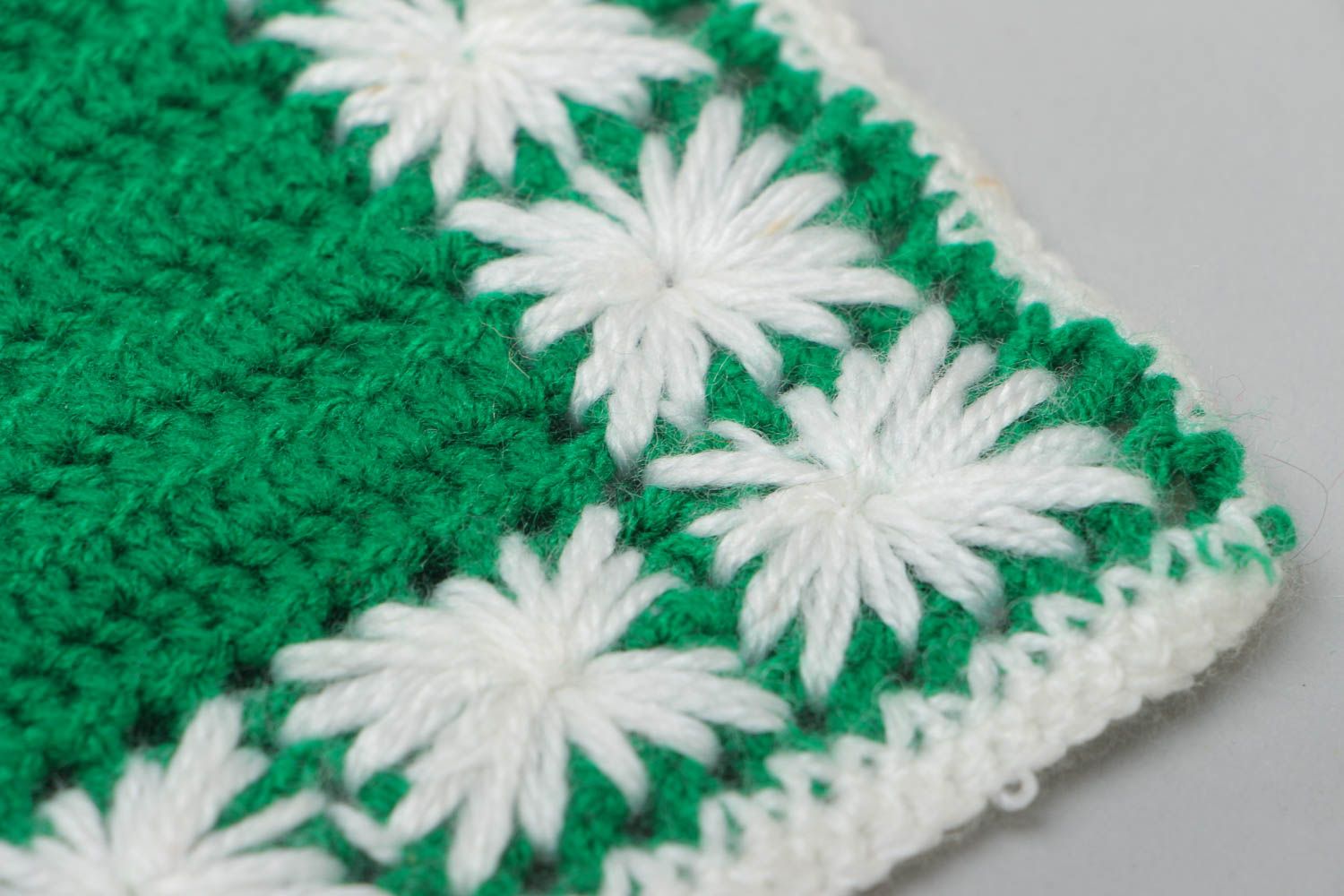 Handmade small square napkin crocheted of green and white acrylic threads photo 3