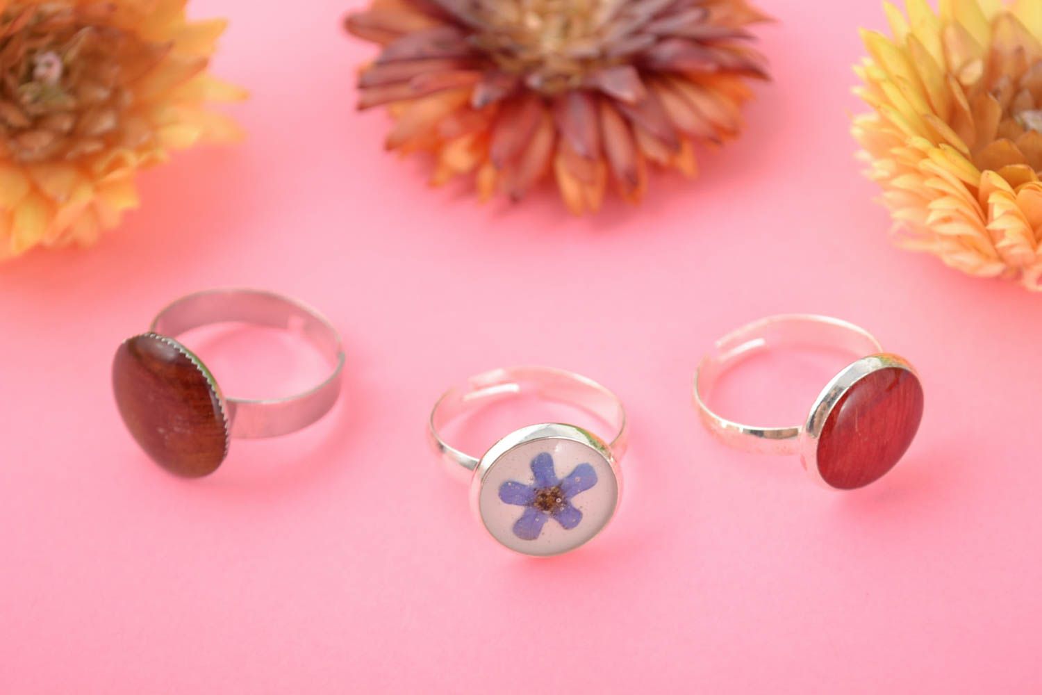 Set of 3 handmade designer jewelry rings with metal basis and epoxy resin photo 1