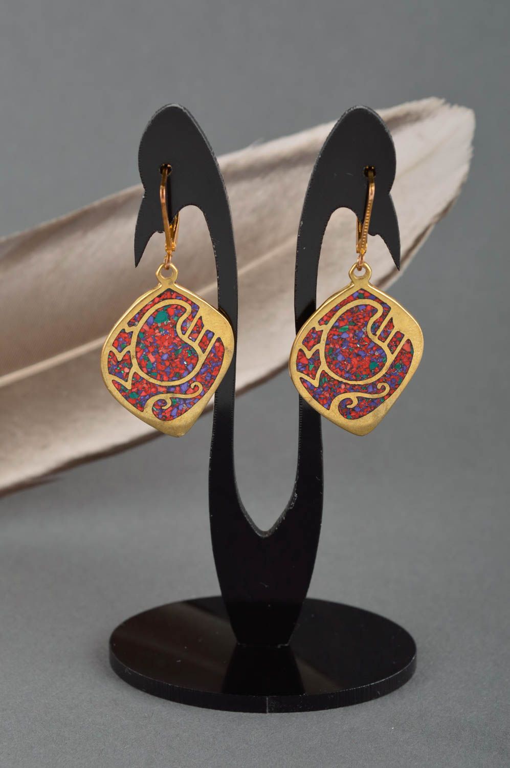 Handmade brass female earrings unusual designer earrings natural stone jewelry photo 1