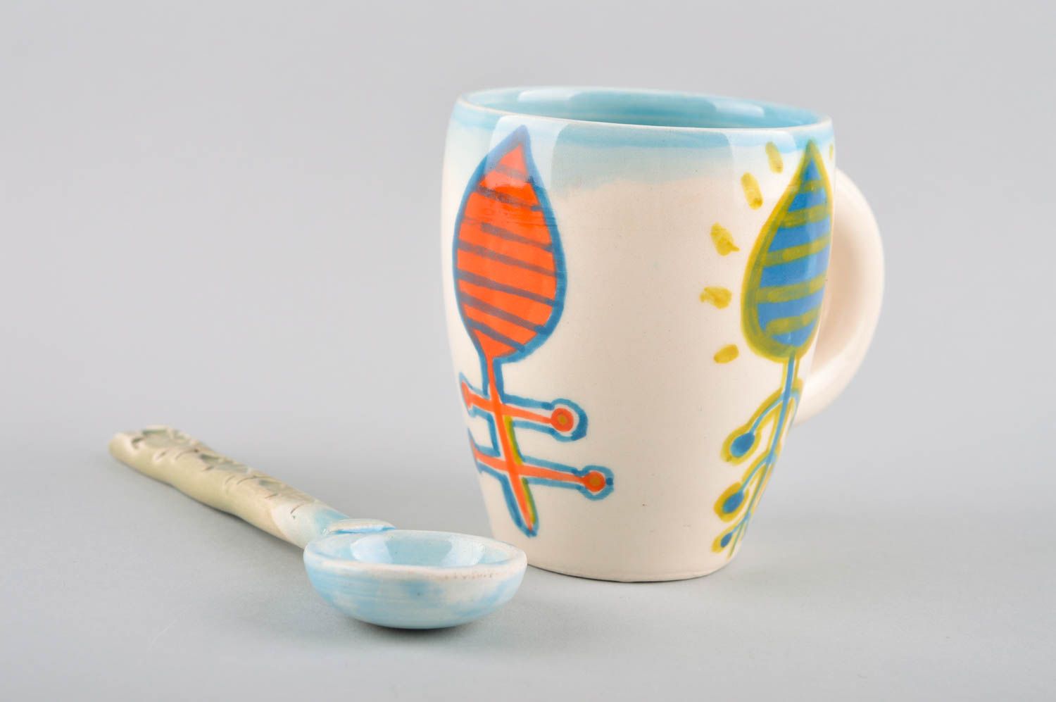 Ceramic 6 oz cup with handle and ceramic spoon with bright floral color photo 5