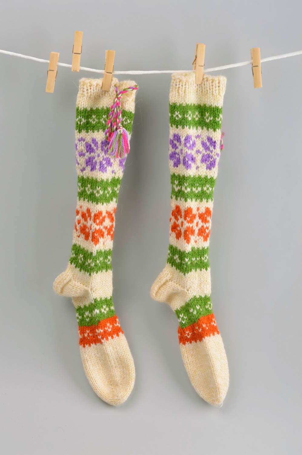 Разноцветные носки ручной работы шерстяные носки теплые зимний аксессуар фото 1