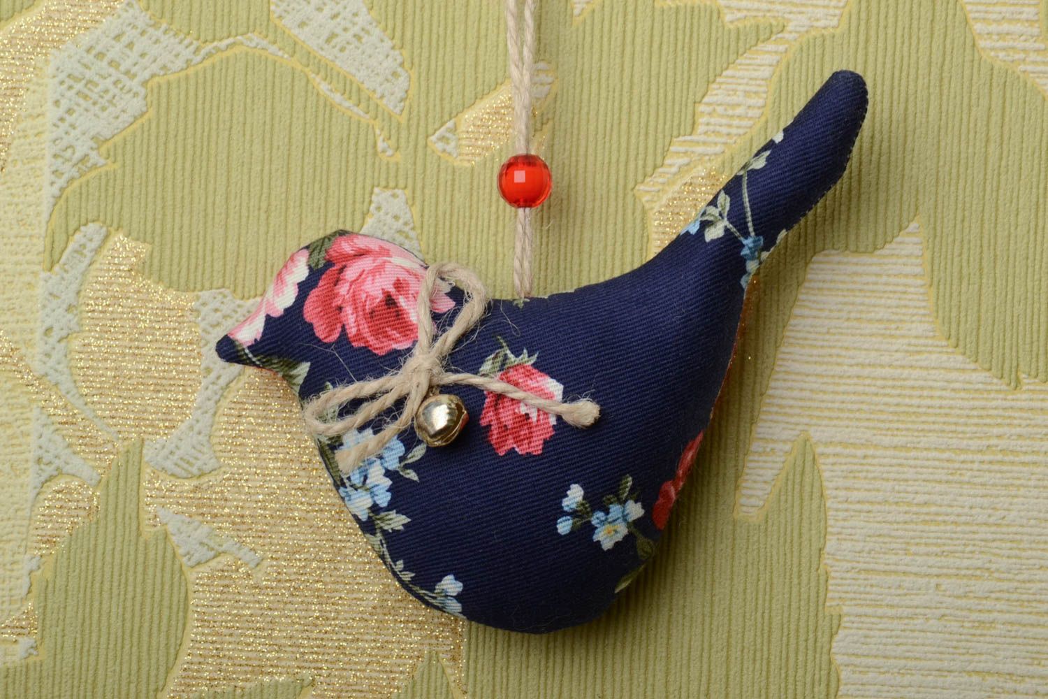 Dark handmade designer cotton dabric soft interior pendant toy bird with bead photo 1