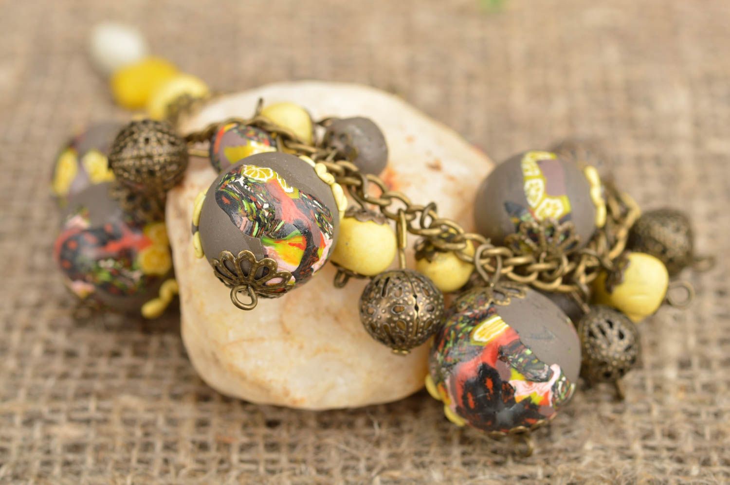 Handmade designer bracelet made of polymer clay on chain with round beads photo 1
