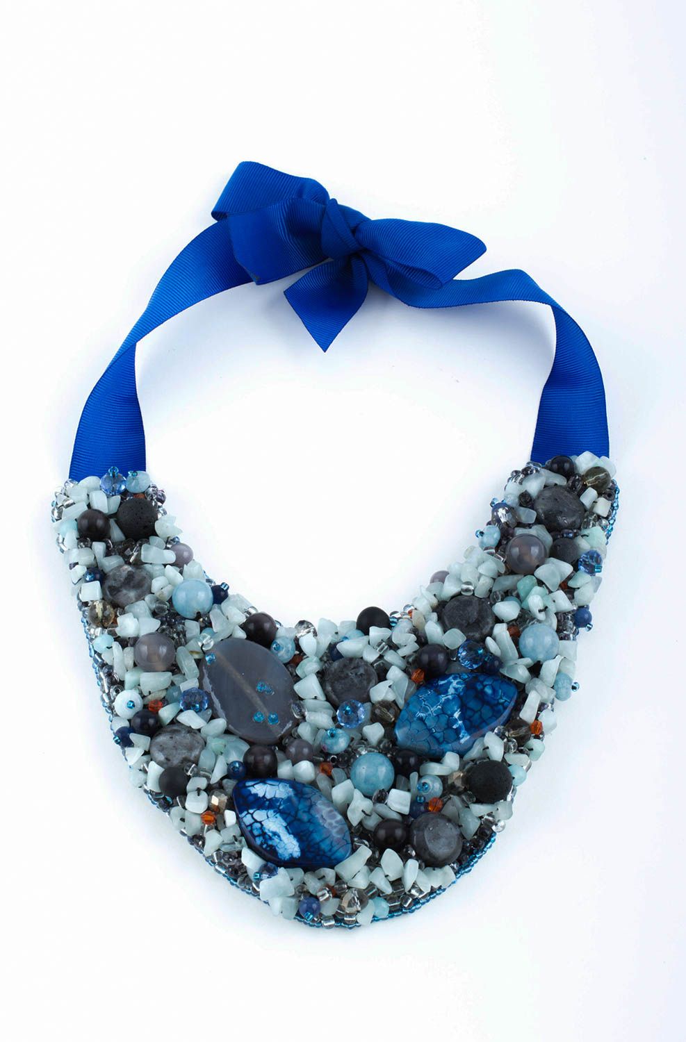 Collier plastron Accessoire fait main bleu pierres naturelles Cadeau pour femme photo 2