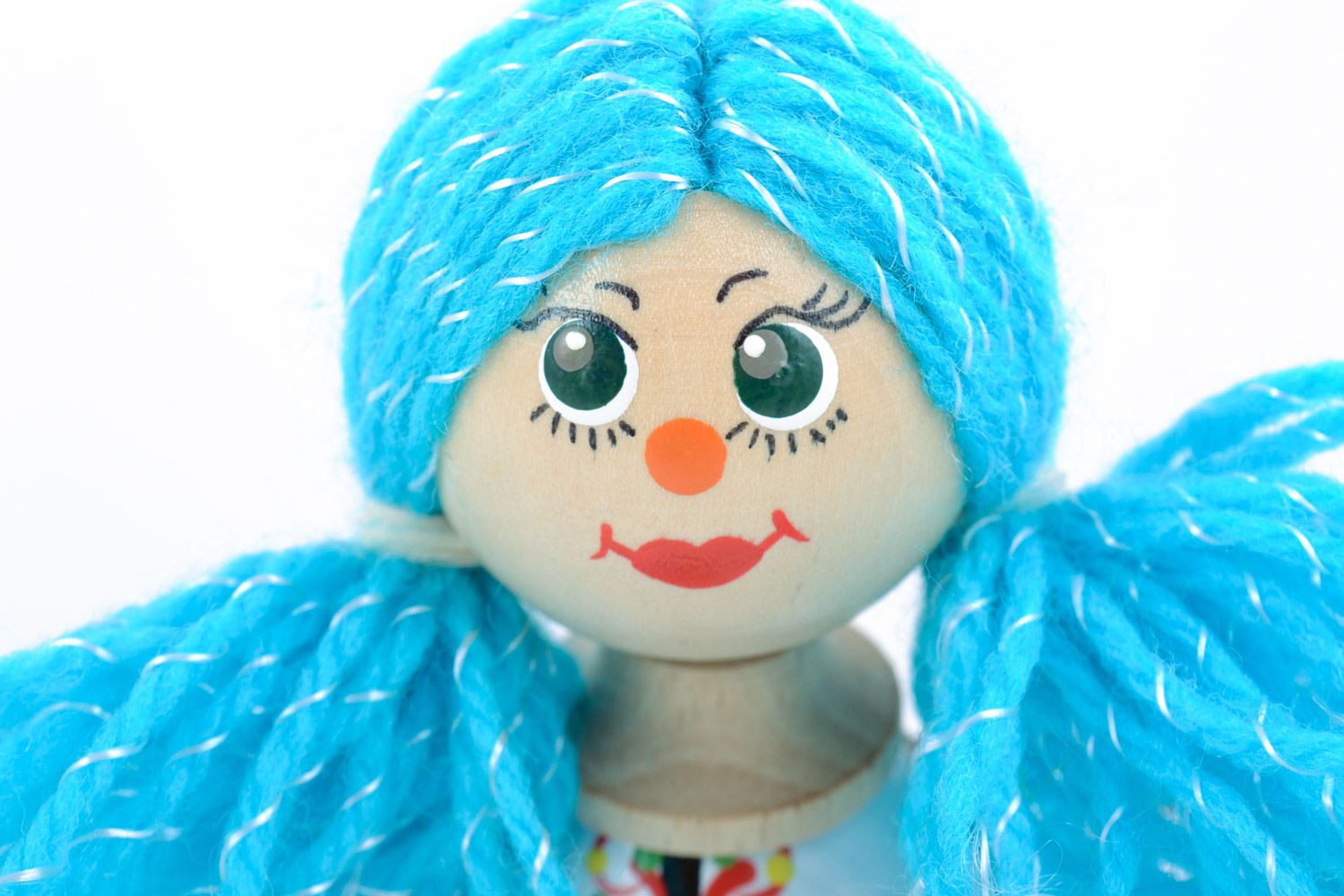 Bright painted homemade wooden eco toy girl with blue hair for little children photo 3