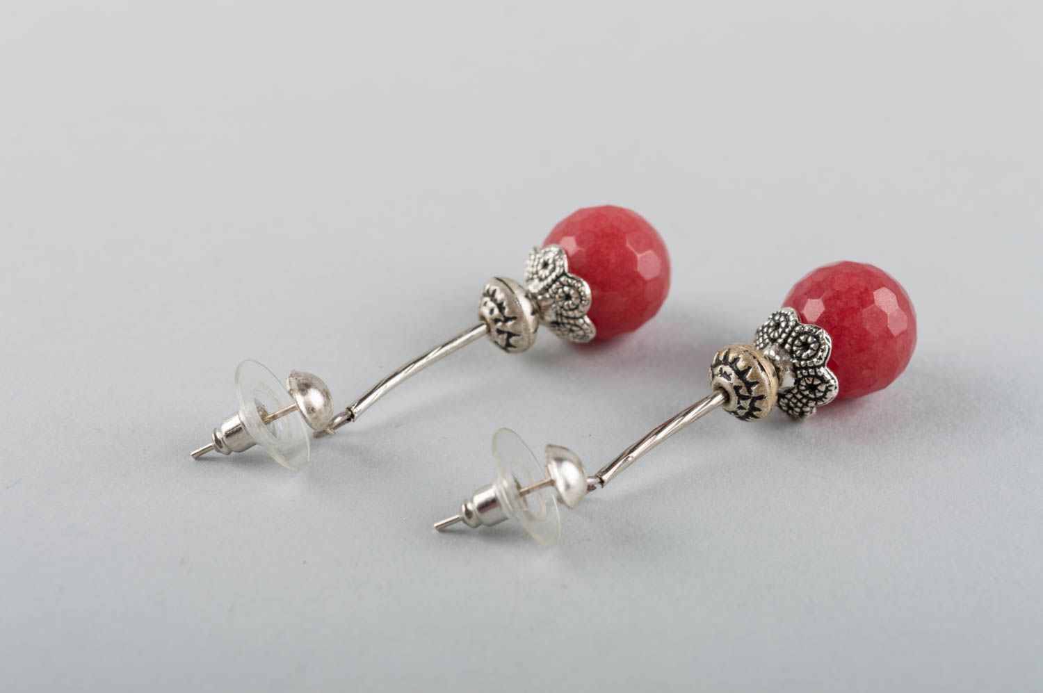 Handmade long dangling latten earrings with nephrite beads for true ladies photo 4
