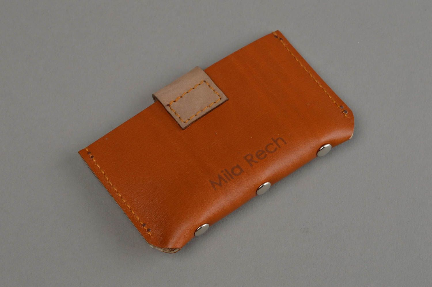 Porte-cartes de visite en vrai cuir marron sur bouton-pression fait main photo 9