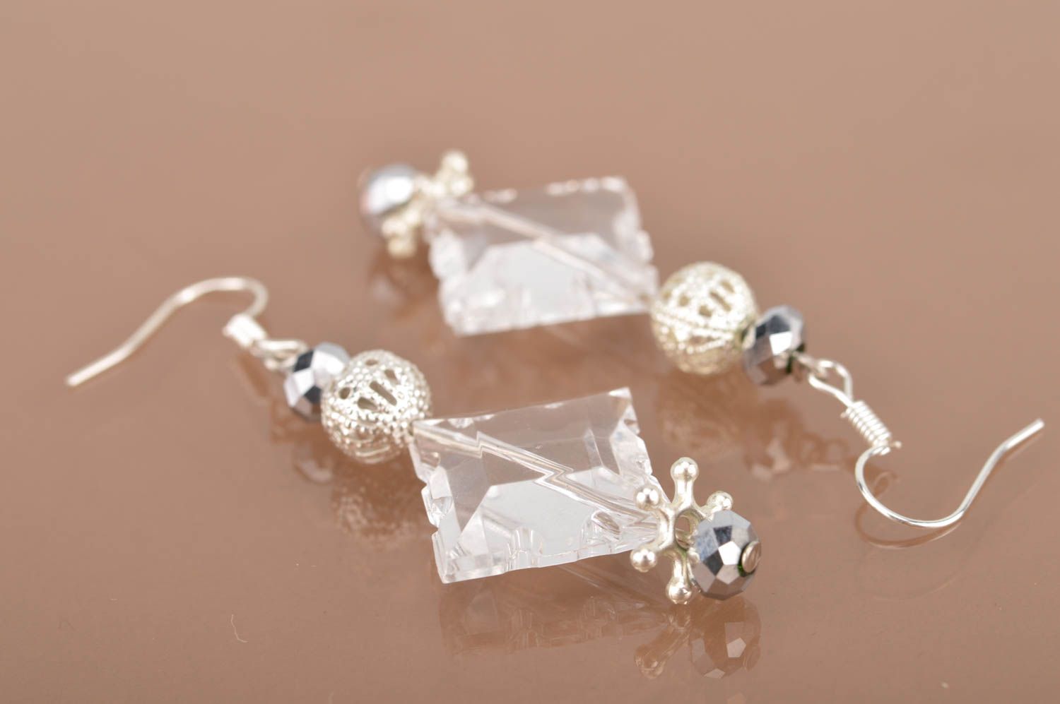 Unusual festive handmade earrings made of transparent beads with charms photo 2