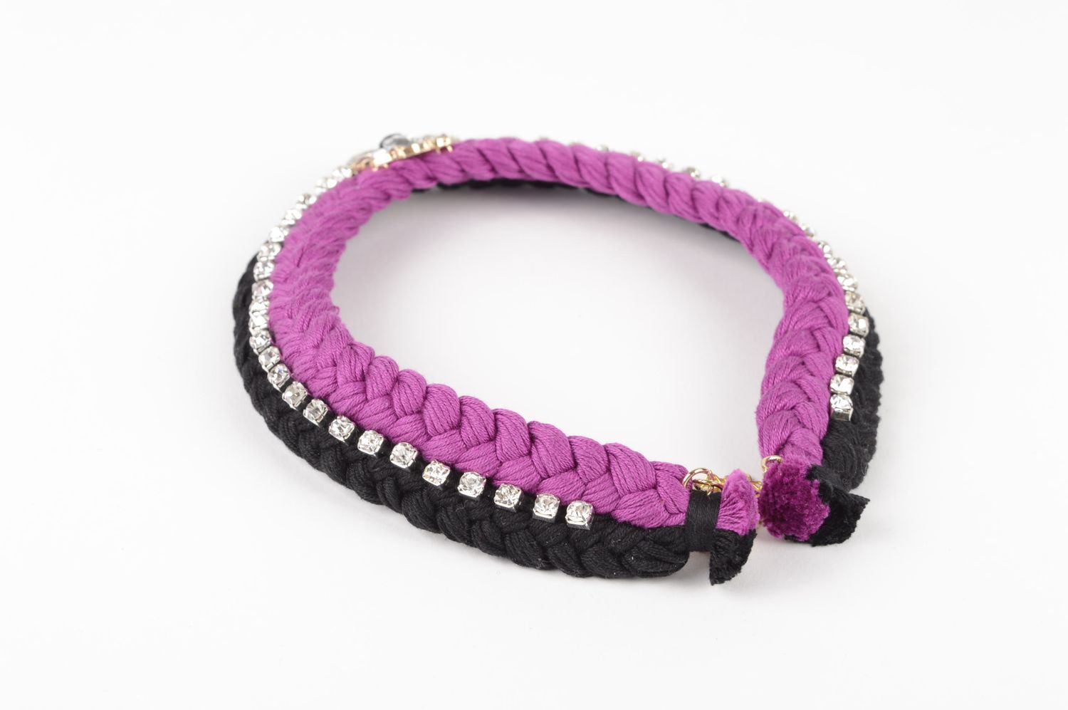 Collier textile Bijou fait main noir lilas tressé en fils de coton Cadeau femme photo 5