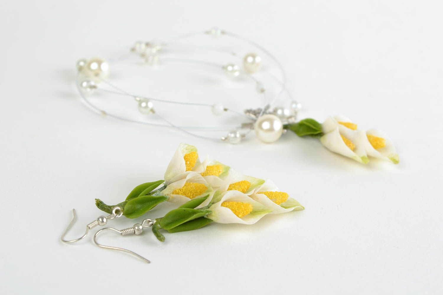 Set of handmade cold porcelain jewelry with flowers earrings and necklace photo 4