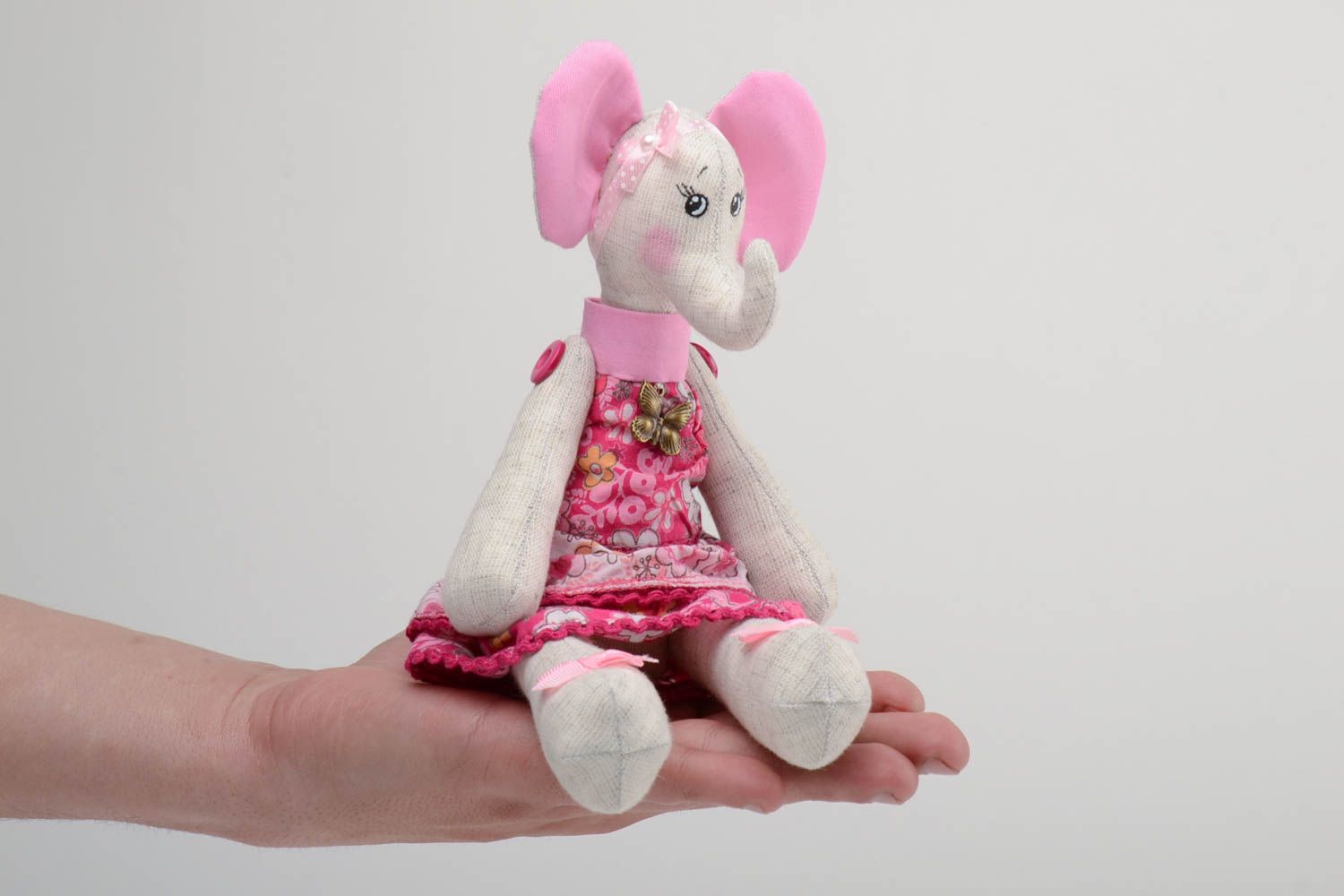 Handmade small soft toy sewn of linen and cotton elephant girl in pink dress photo 5