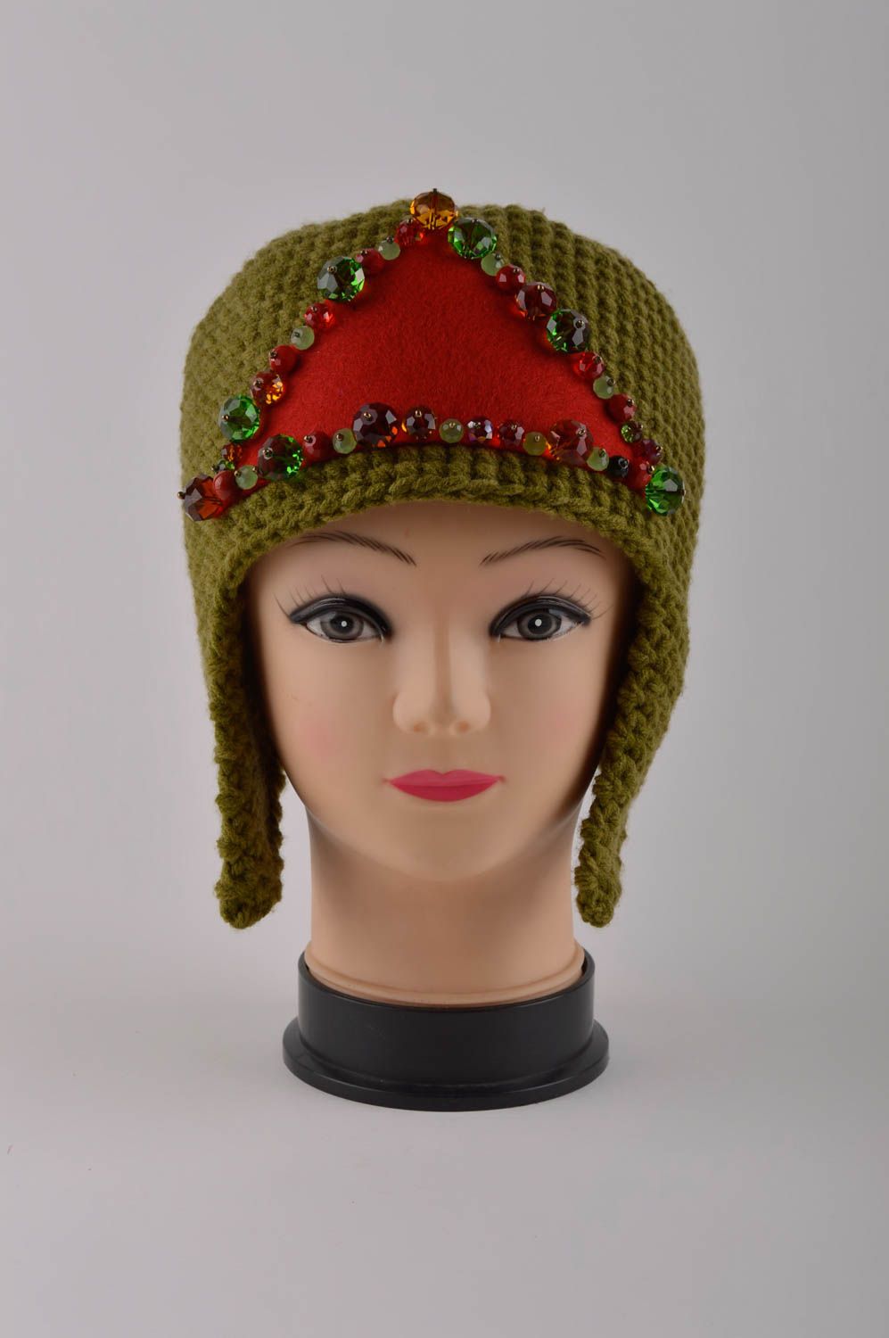 Зимняя шапка ручной работы вязаная шапка с ушками вязаная шапка зеленая модная фото 3