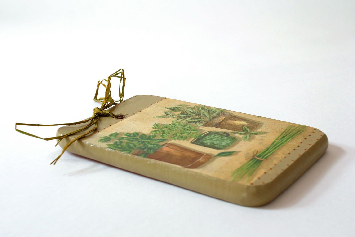 Tagliere di legno fatto a mano oggetto decorativo decoupage con piante in vasi foto 2