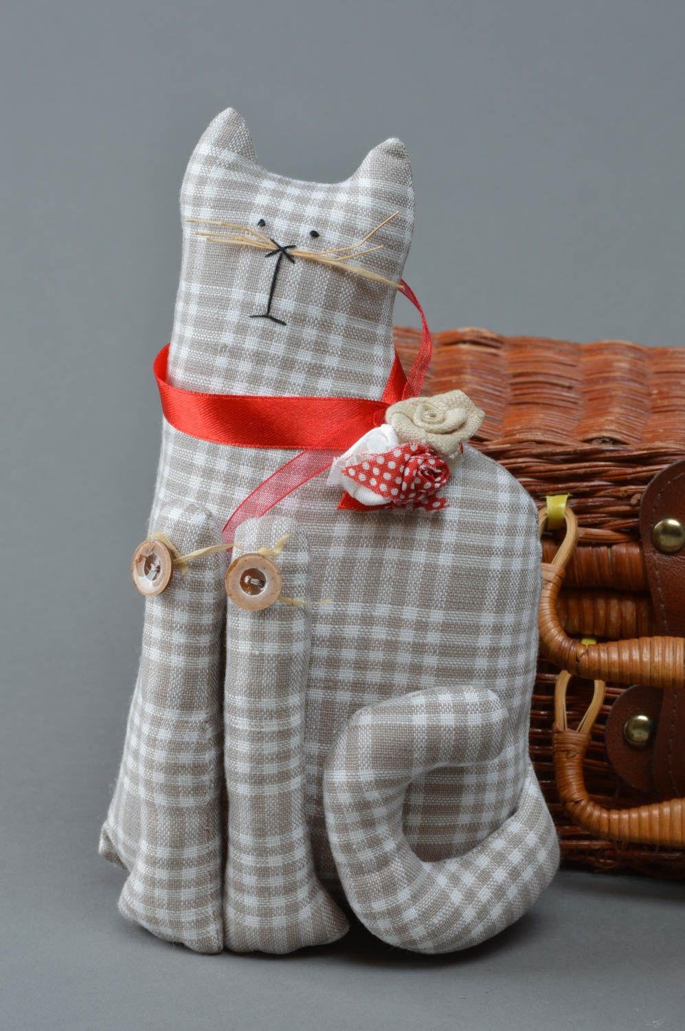Handmade gray checkered linen fabric soft toy cat with flower for kids and decor photo 1