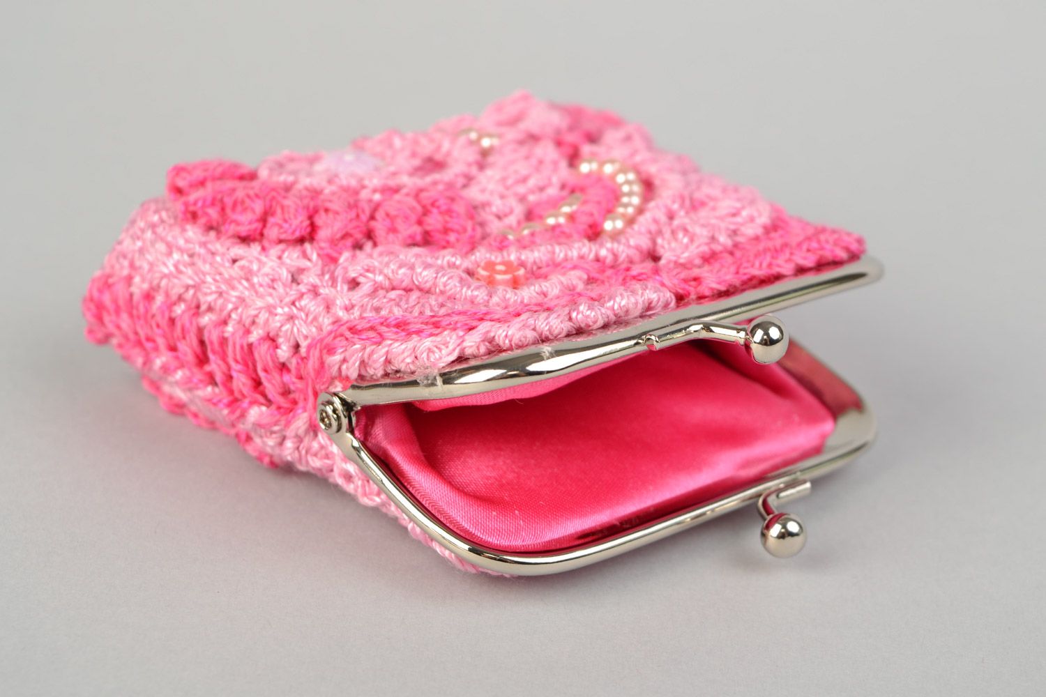 Porte-monnaie à clip tricoté en coton au crochet rose ajouré fait main femme photo 4
