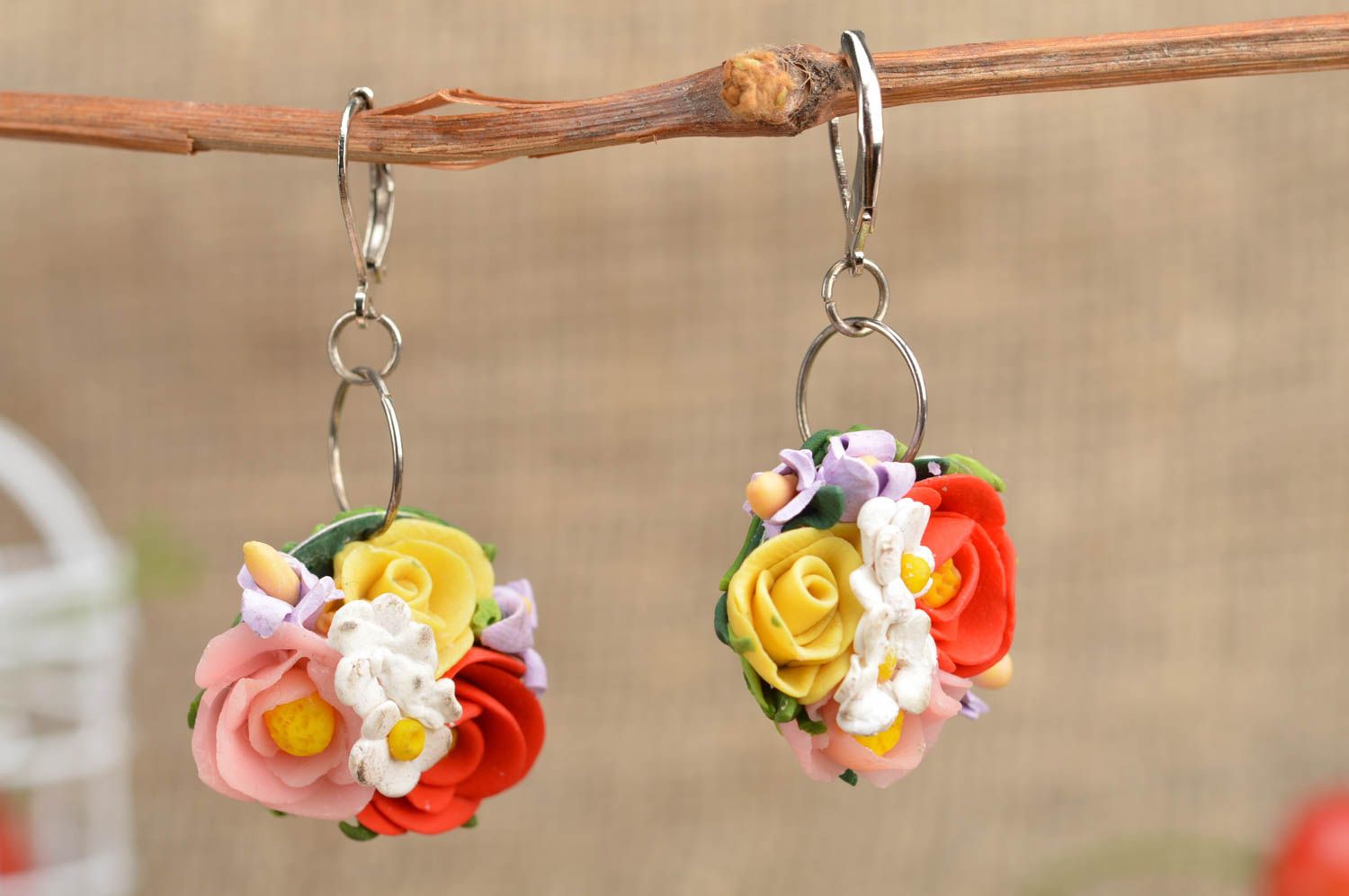 Earrings made of polymer clay with flower charms bright handmade accessory photo 1