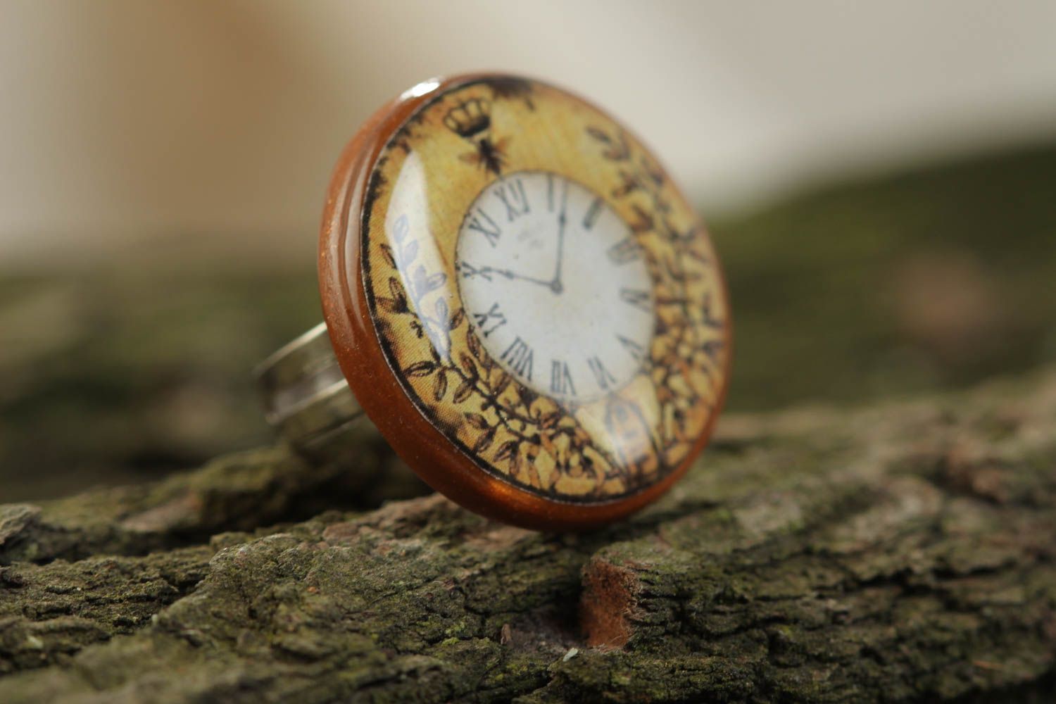 Handmade round polymer clay ring with image of clock coated with glass glaze photo 1