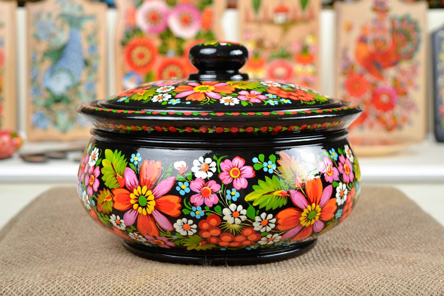 Wooden soup tureen designer Petrykivka painting unique kitchenware ethnic pot photo 1