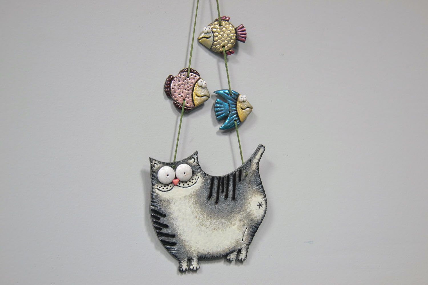 Unusual wall pendant Gray Cat with Fish photo 1