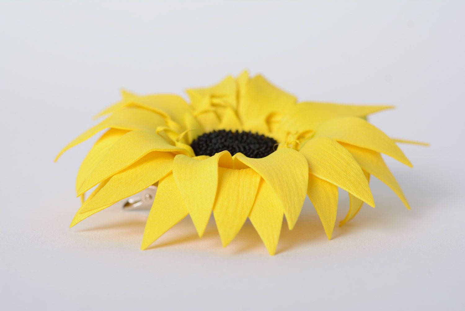 Bright stylish handmade foamiran fabric flower hair clip of yellow color photo 3