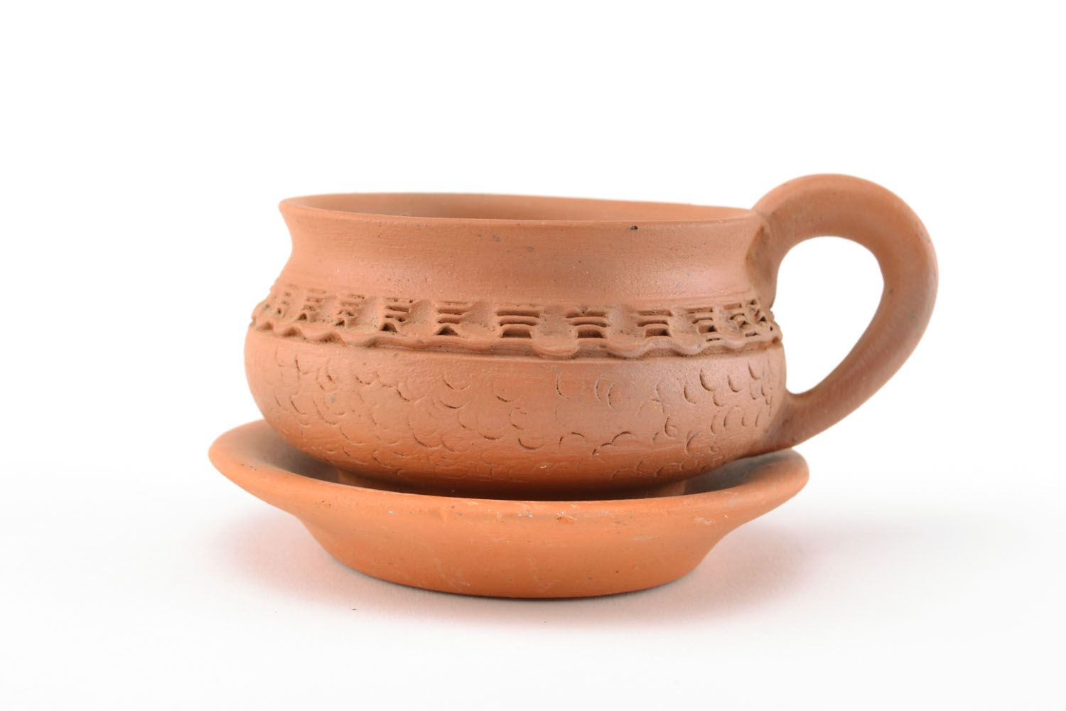 3 oz classic shape espresso coffee clay cup with handle and saucer in terracotta color photo 1