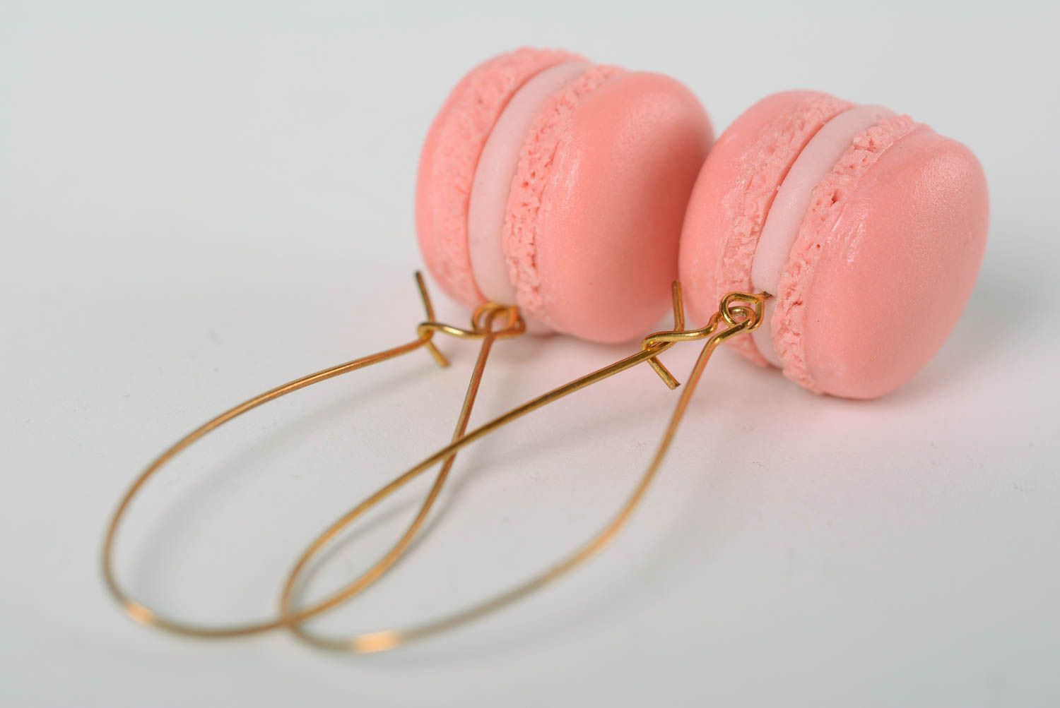 Handmade polymer clay dangling earrings pink macaroons  with long ear wires photo 4