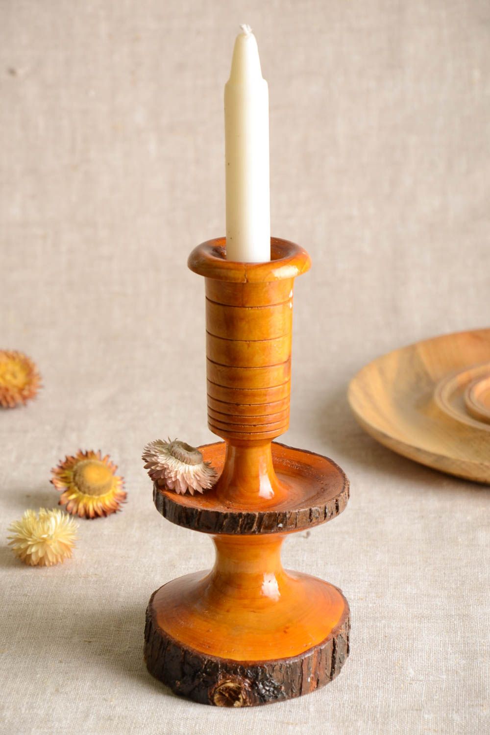 Handmade wooden village-style tree candlestick holder 7,87 inches, 0,39 lb photo 1